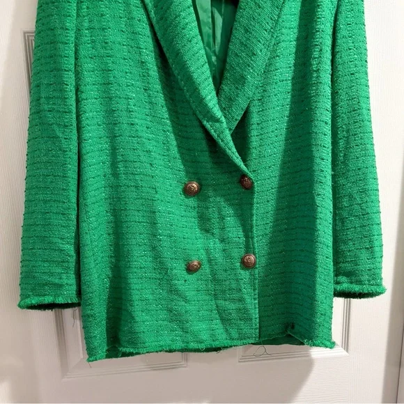 Zara Textured Double Breasted Blazer Tweed Longline Fall Boho Green Sz Large NWT - Picture 7 of 11